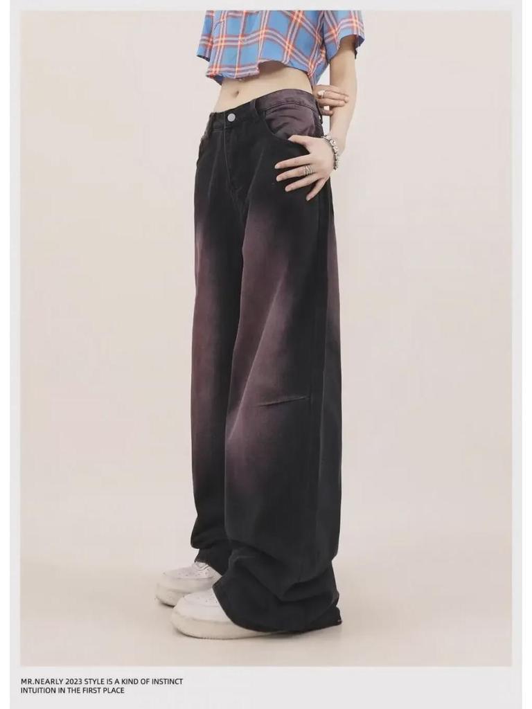 Women's 2024 Black & Gray High-Waist Wide-Leg Jeans - Loose, Slim, Straight, Floor-Length Style