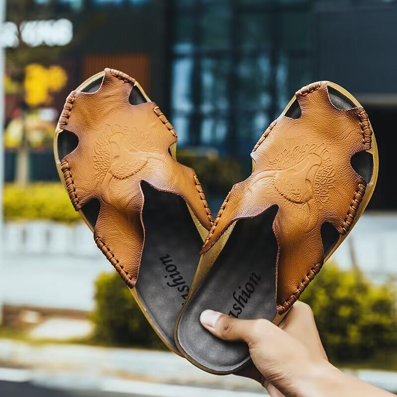 Genuine Leather Mens Slipper for Men Sole Slippers Walk Around Home Summer Man Slippers Luxury 2026 Summer Men's Sandals Slipers