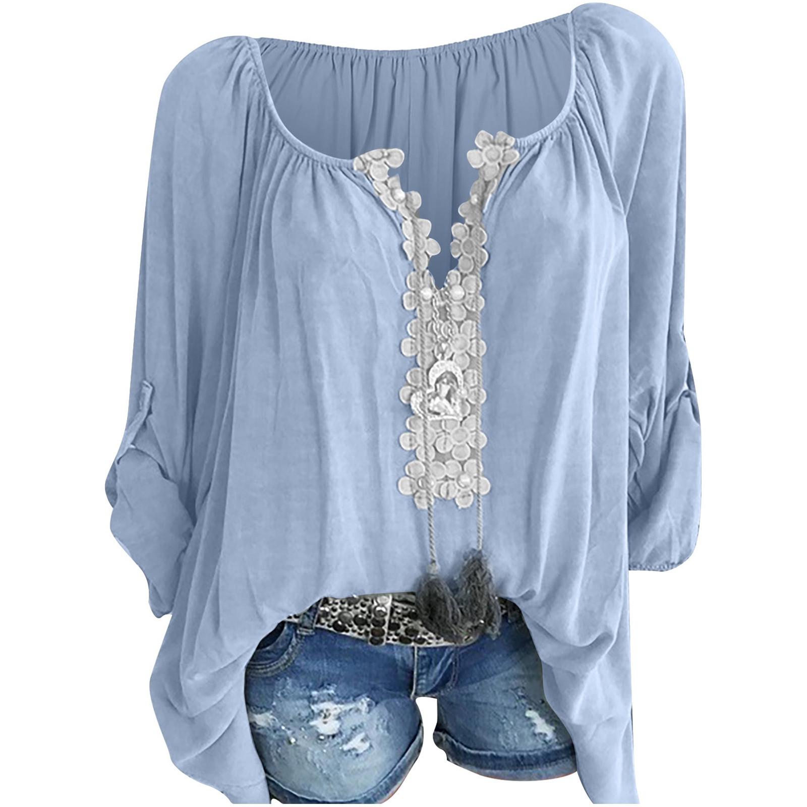 Women Summer Casual Fashion O-neck Long Sleeve Top Blouse T-Shirt XXXXL синий