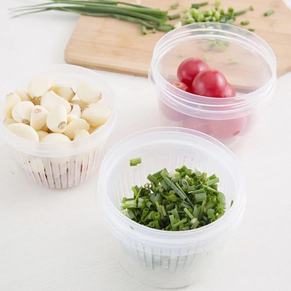 Double-Layer Drain Basket Lid Refrigerator Crisper Round Washing Vegetable Basket Kitchen Organizer