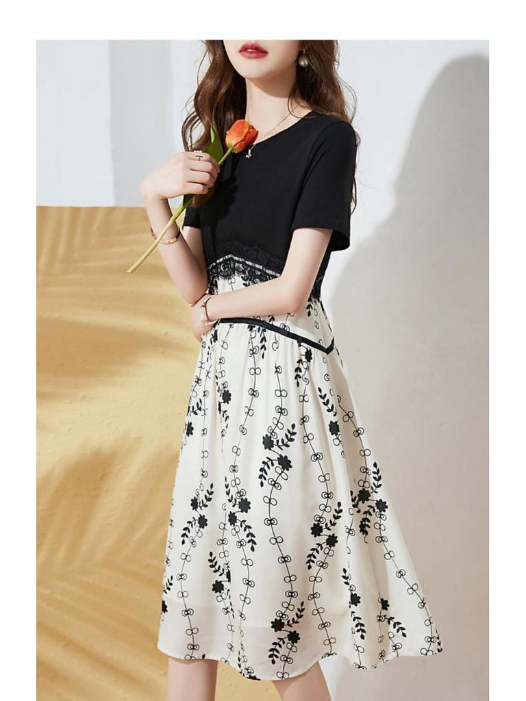2026 Summer Printed Patchwork Two-Piece Midi Dress - Loose Fit, Slimming Tummy Conceal, Korean Style