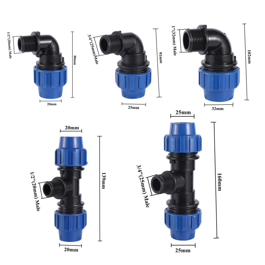 Außengewinde 1/2" 3/4" 1" PE-Rohr Schnellverbinder T-Stück Winkel Wasserverteiler Kunststoff Landwirtschaftliche Bewässerung Wasserrohrfittings