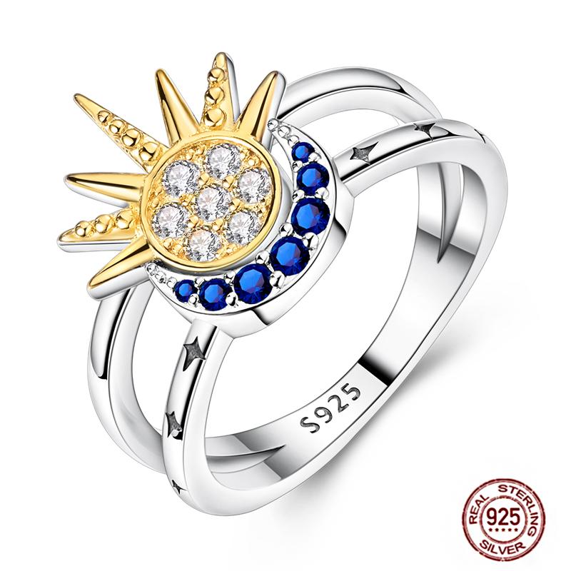 Shine Women koppar Fingerringar 925 Sterling Hjärta Krona Glöd Eldfluga Stjärna Sol Tusensköna Stapelbar Originalring Årsdag Zirkon