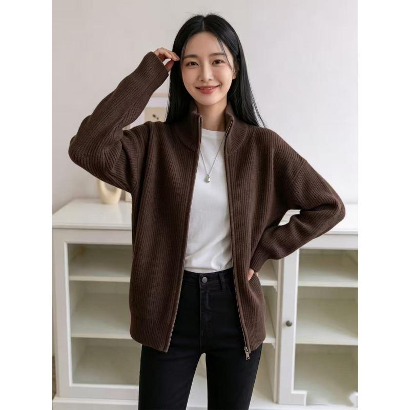 Cárdigan Grueso de Punto para Mujer, Cuello Semi Alto con Cremallera, Manga Larga, Top Casual