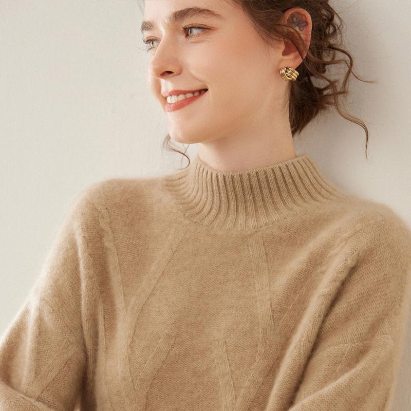 Women's Drop Shoulder Cashmere Pullover Sweater - Thickened Jacquard Knit, Half-High Neck, Long Sleeve, Versatile Loose Fit.