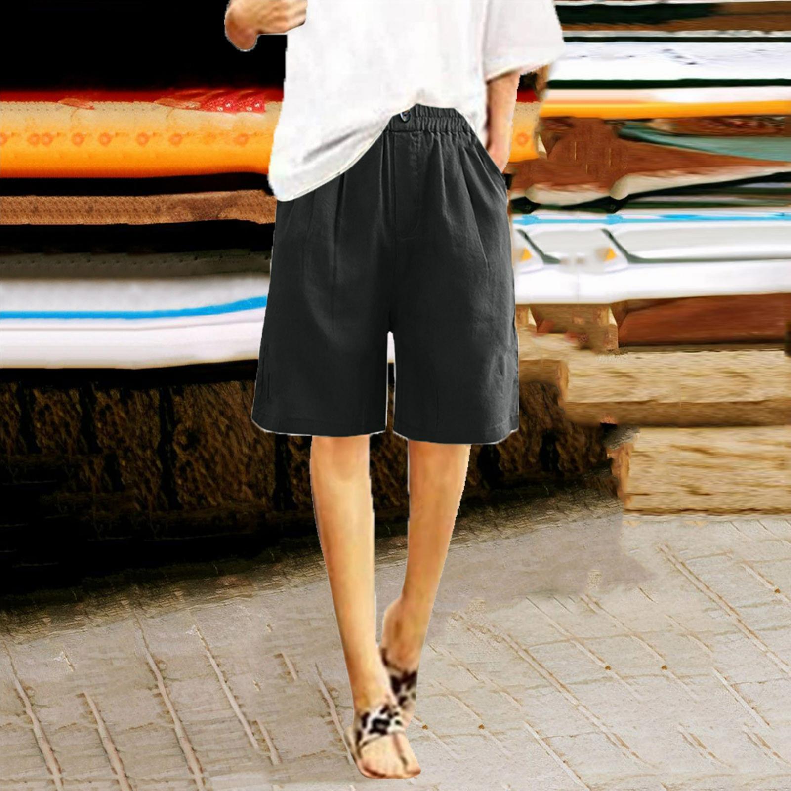 Cotton and Linen Shorts, Women s Summer Clothes, Women s Five-point Pants, Loose High-waisted Women s Trousers XS чёрный