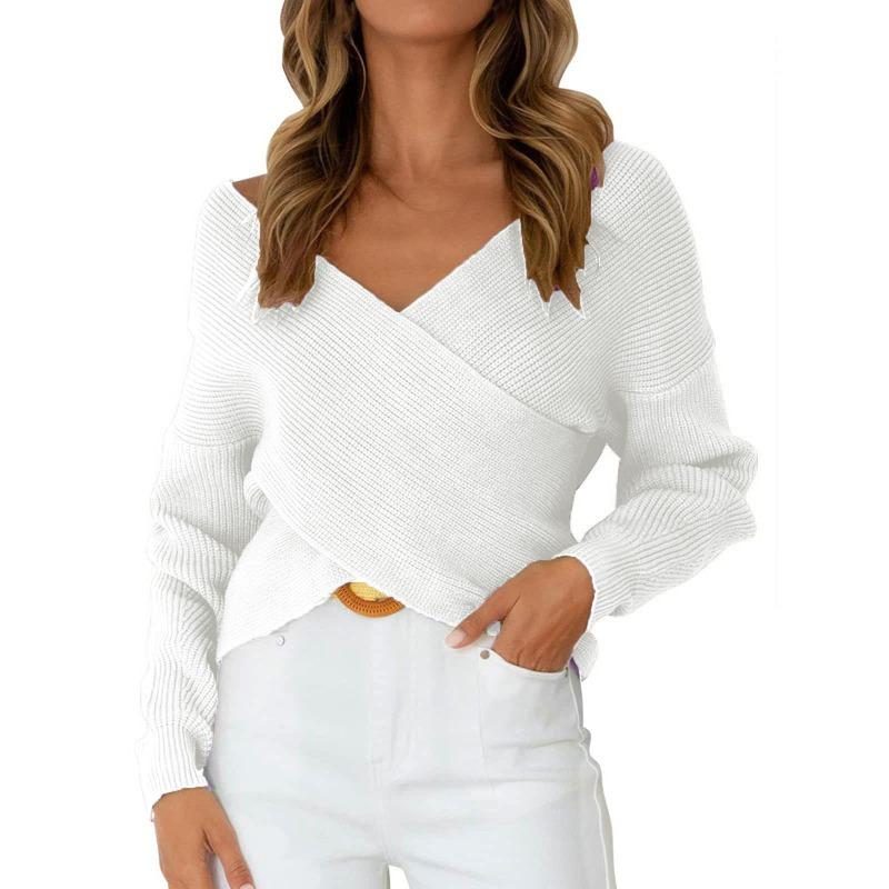 Women S Loose V Neck Cross Design Long Sleeve Knitted Sweater