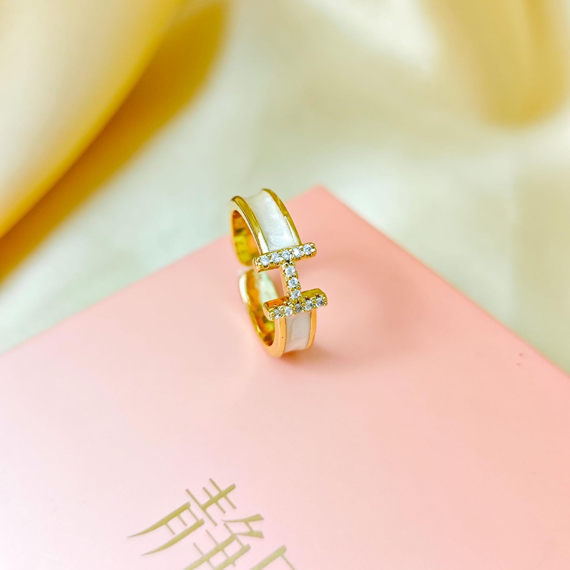 Elegant Adjustable Gold-Plated H Letter Enamel Ring - Luxury Korean Japanese Jewelry