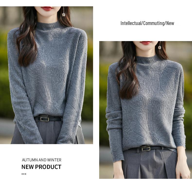 Women's Carved Jacquard High Neck Sweater: Spring/Autumn Long Sleeve Knit Top