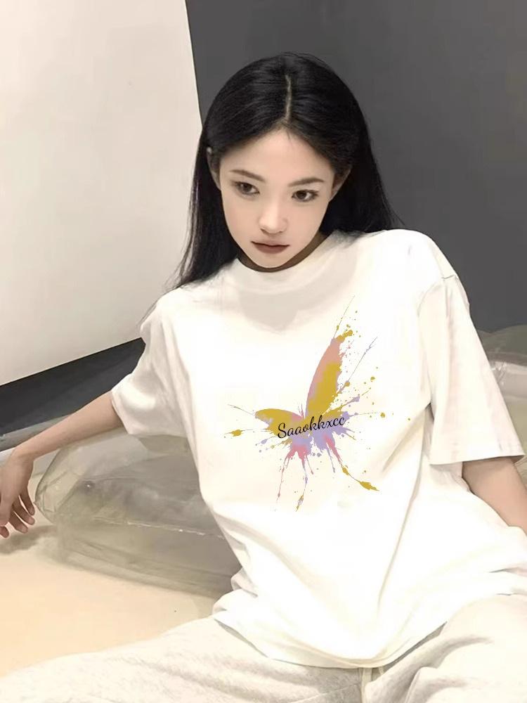 Women's Loose Fit White Cotton Shoulder T-Shirt - Summer 2025 American Style