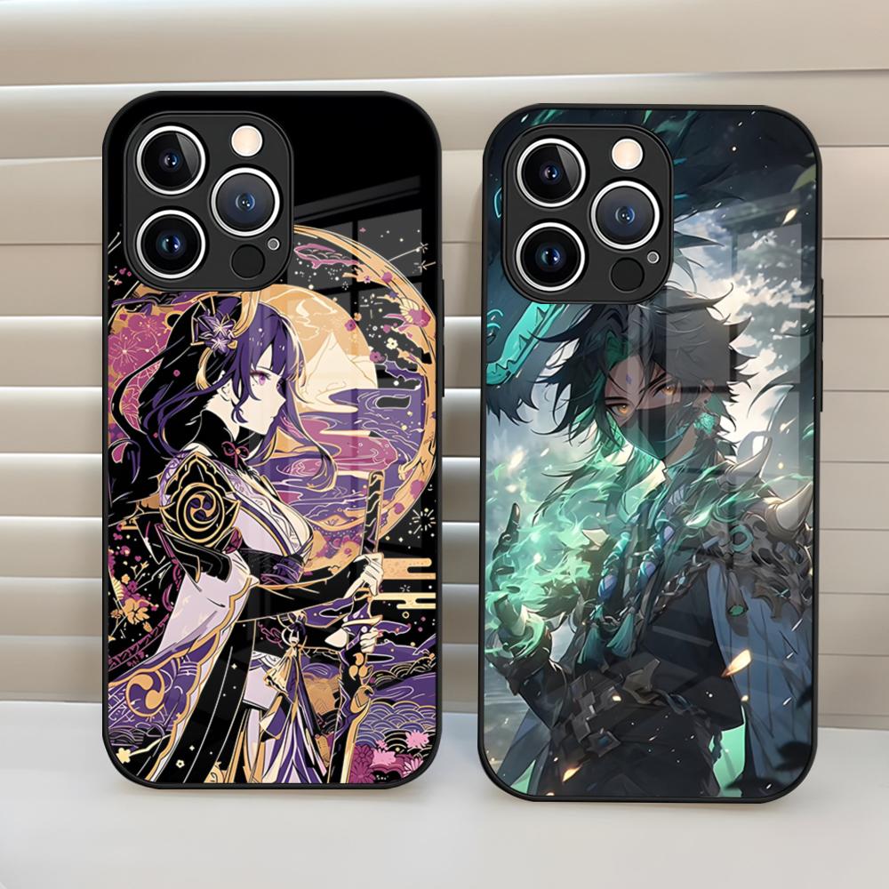 Games Genshin Impact Phone Case Tempered Glass Back Cover for iPhone 15 Pro Max 14 Pro 12 11 13 Mini X XR XS 8 7 Plus SE