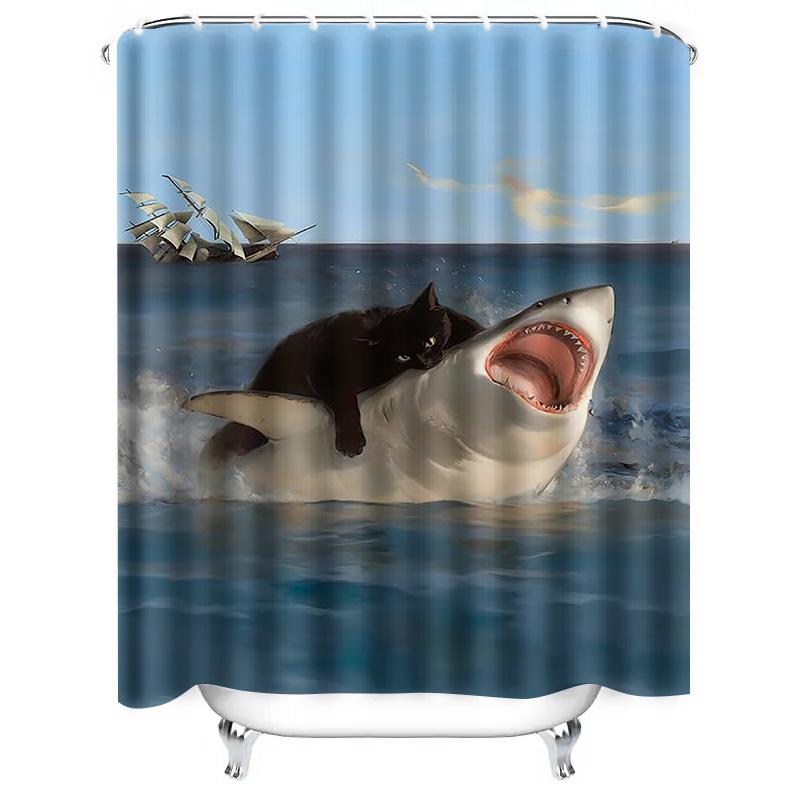 Cat Riding Shark Waterproof Shower Curtain Heat Resistant Machine Washable Non-Transparent 180X180Cm