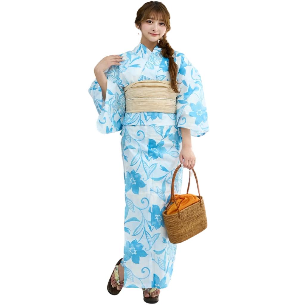 RAVIR Yukata Refreshing White Background with Watercolor Fluffy Obi and Geta One Size Fits All Women's 3-Piece Set, Flowers, Belt, Sandals, Blue,