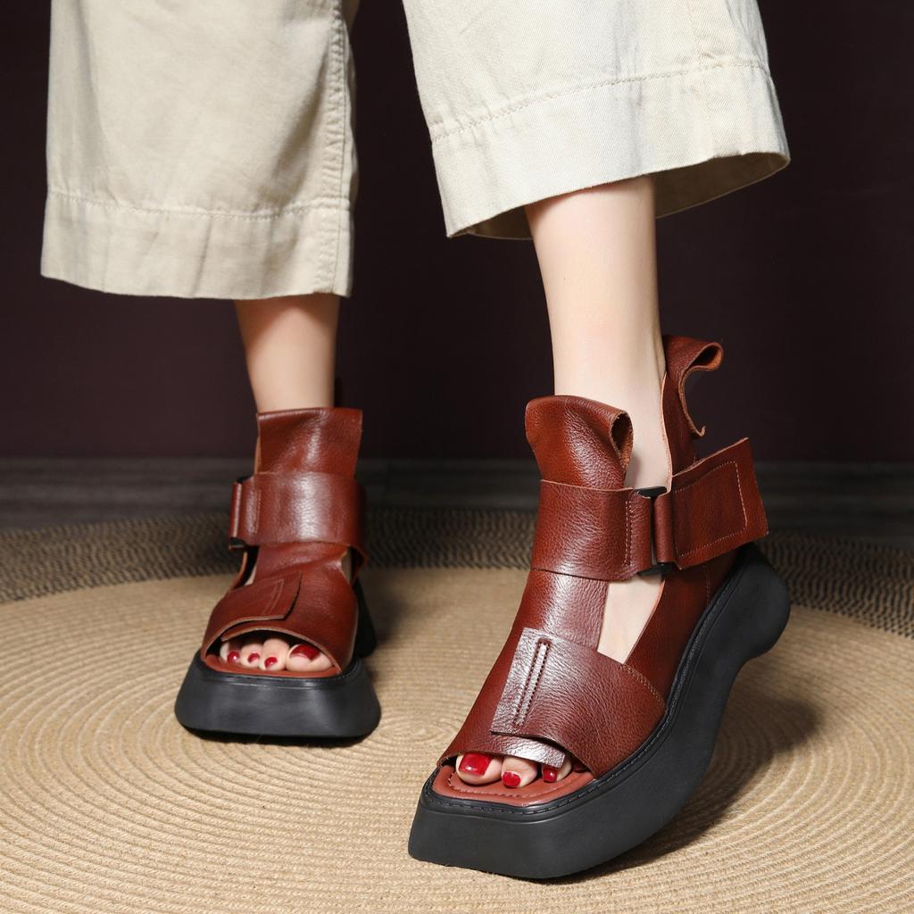 5CM Cow Genuine Leather Hook Hollow Mary Jane Sandals Summer Slippers Ankle Booties Pumps Shoes Flat Platform Wedge Women