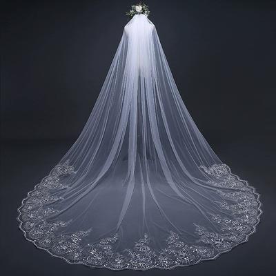 Long Bridal Veil Catherdal Wedding Veils for Brides 1 Tier Veils Floral Lace Soft Tulle Veils with Comb 3x3m