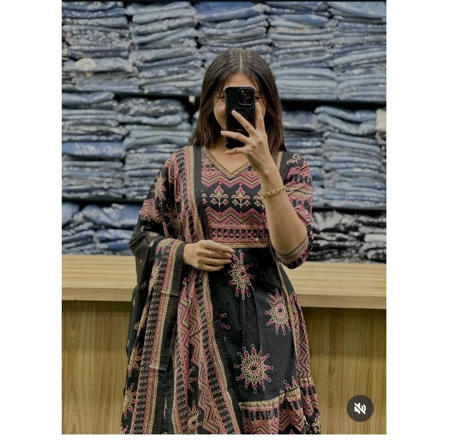 Indian Bollywood Printed Cotton Anarkali Kurta Pant Dupatta Set Women Designer Top Tunic Salwar Suit