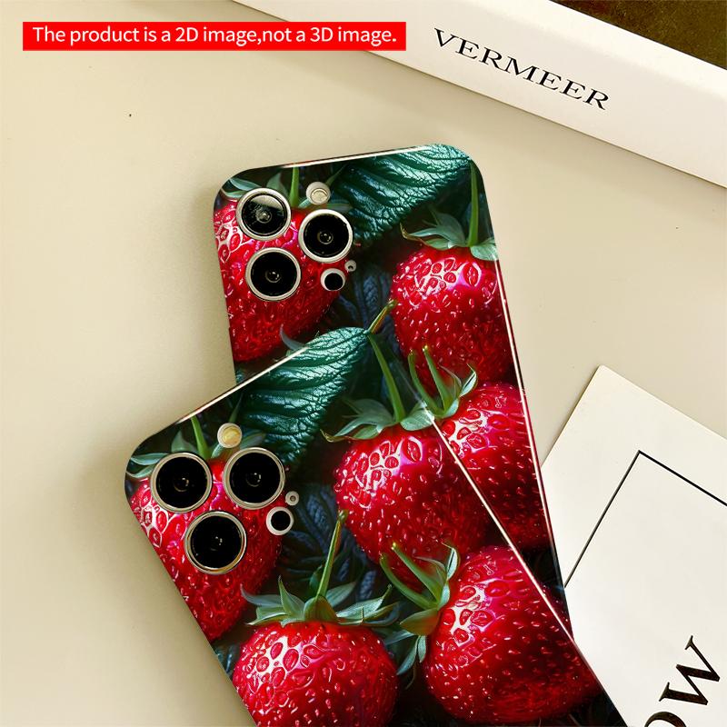 2DFlat Glossy Strawberries on Deep Green Leaves All inclusive film hard iPhone case, compatible with iPhone 18 Pro Max 17 16 15 14 13 12 11