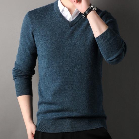 Fall Winter Men Sweater V Neck Knitted Solid Color Elastic Stretchy Pullover