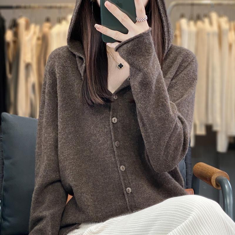 Australian Merino Wool Women's Seamless Hooded Cardigan Sweater