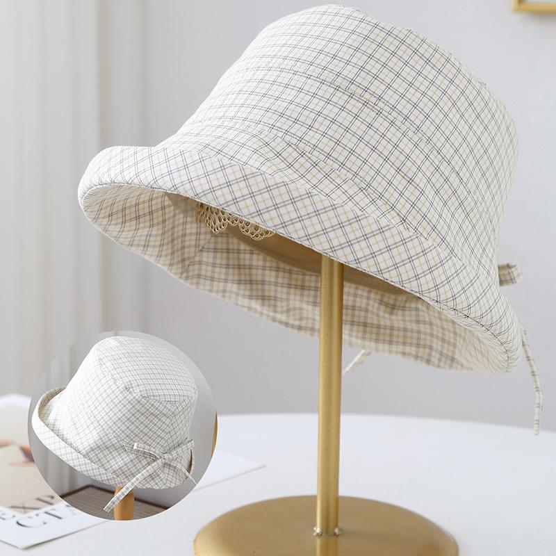 Korean ins sweet navy blue plaid bucket hat women's summer bow big eaves versatile face small sunshade basin hat