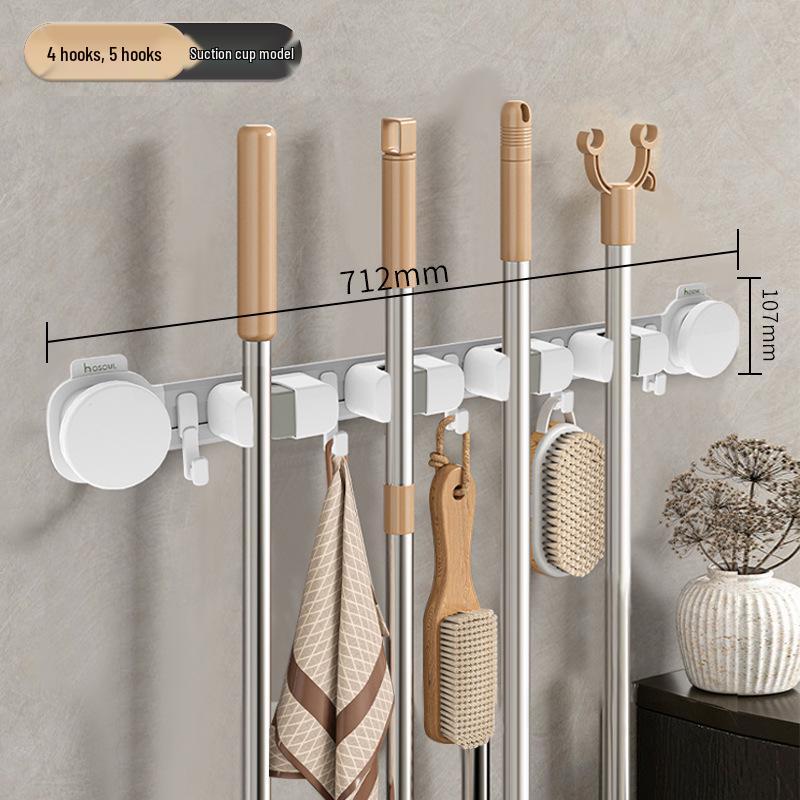 Strong Suction Mop Holder: No-Drill, Traceless, Wall Mount Clip for Kitchen or Bathroom with Widened, Movable, Load-Bearing Hook.