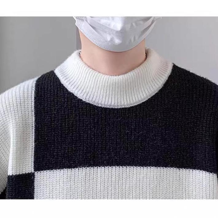 Men's Autumn/Winter Color-Block Round Neck Sweater - Warm Casual Wool Knit Top