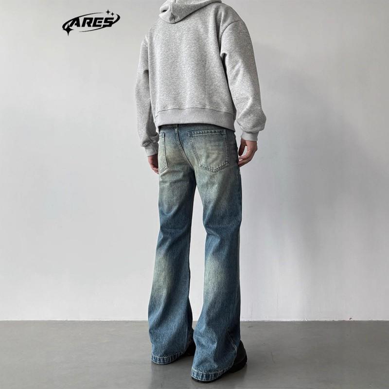 ARES American Heavy Industry Square Nail Flared Blue Jeans Mens Fall Distressed Washed Denim Pants