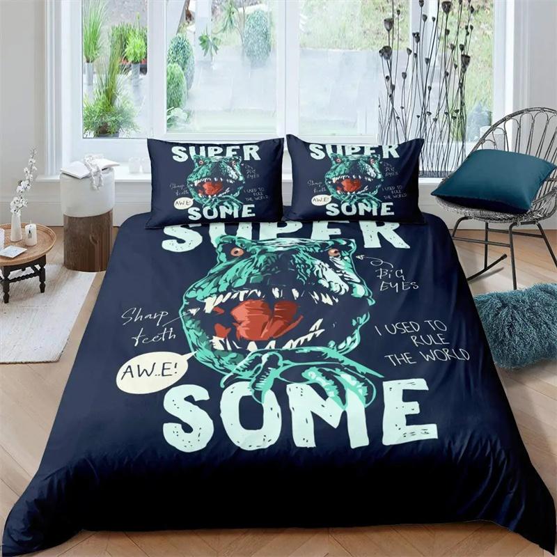 Cartoon Dinosaur Duvet Cover Dinosaur Theme Bedding Green Dinosaur Hello Bro Pattern Bedroom Decoration for Children Women Men