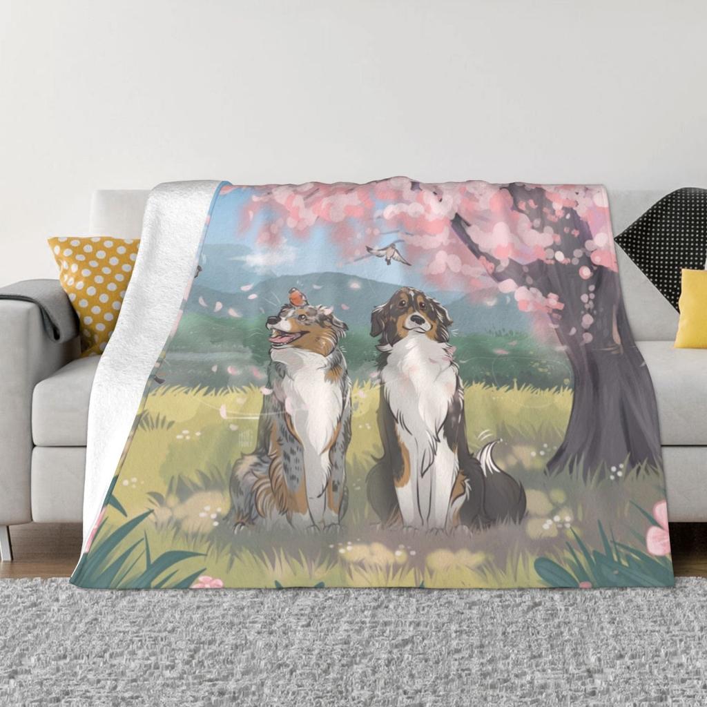 Flowery Spring All Sizes Soft Cover Blanket Home Decor Bedding Dog Australian Shepherd Also Spring Cherry Tree Bird Bullfinch