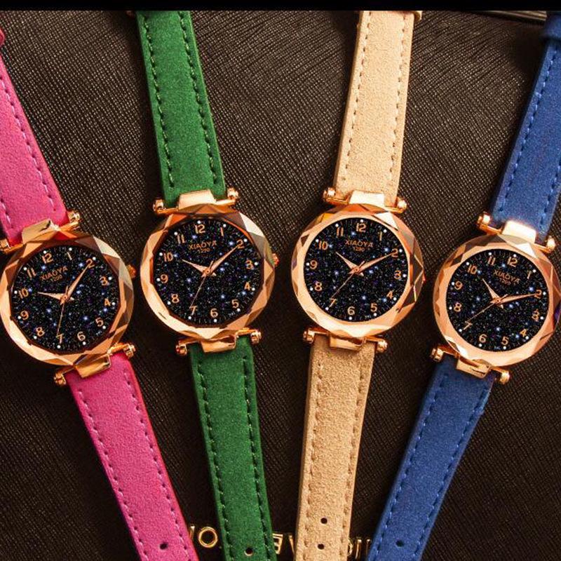 Women Luxury Watch Personality Romantic Luminous Starry Sky Wristwatch Leather Rhinestone Watch