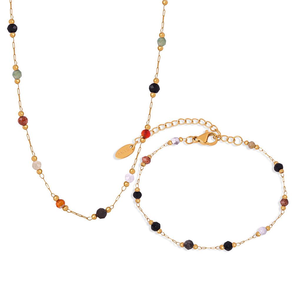 Elegant 18k Gold Titanium Necklace & Bracelet Set with Natural Stone Design for Women
