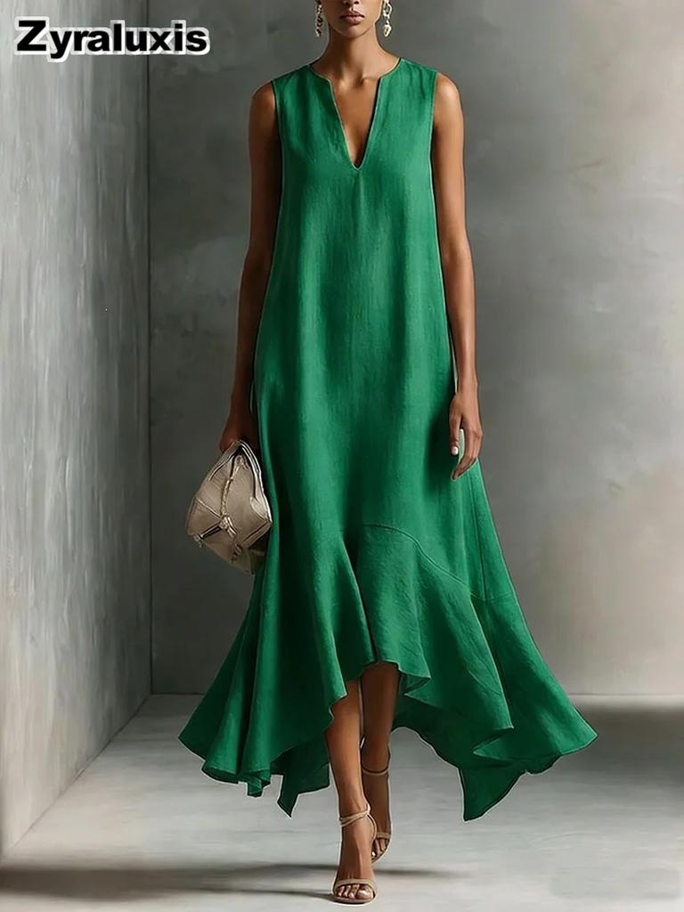 New Fashion Deep V Neck Sleeveless Slim Fit A-Line Dress with Irregular Hem