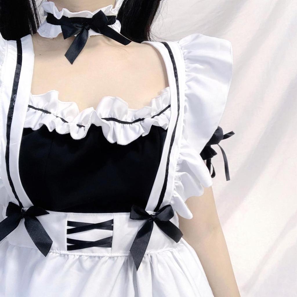 Formemory Maid Kostüm Cosplay Kostüm für süßes Weiß und perfekt für Maid Kultur Schule Club und Moe Moe Spitzenkleid und Größenset, Anfänger, Schwarz,