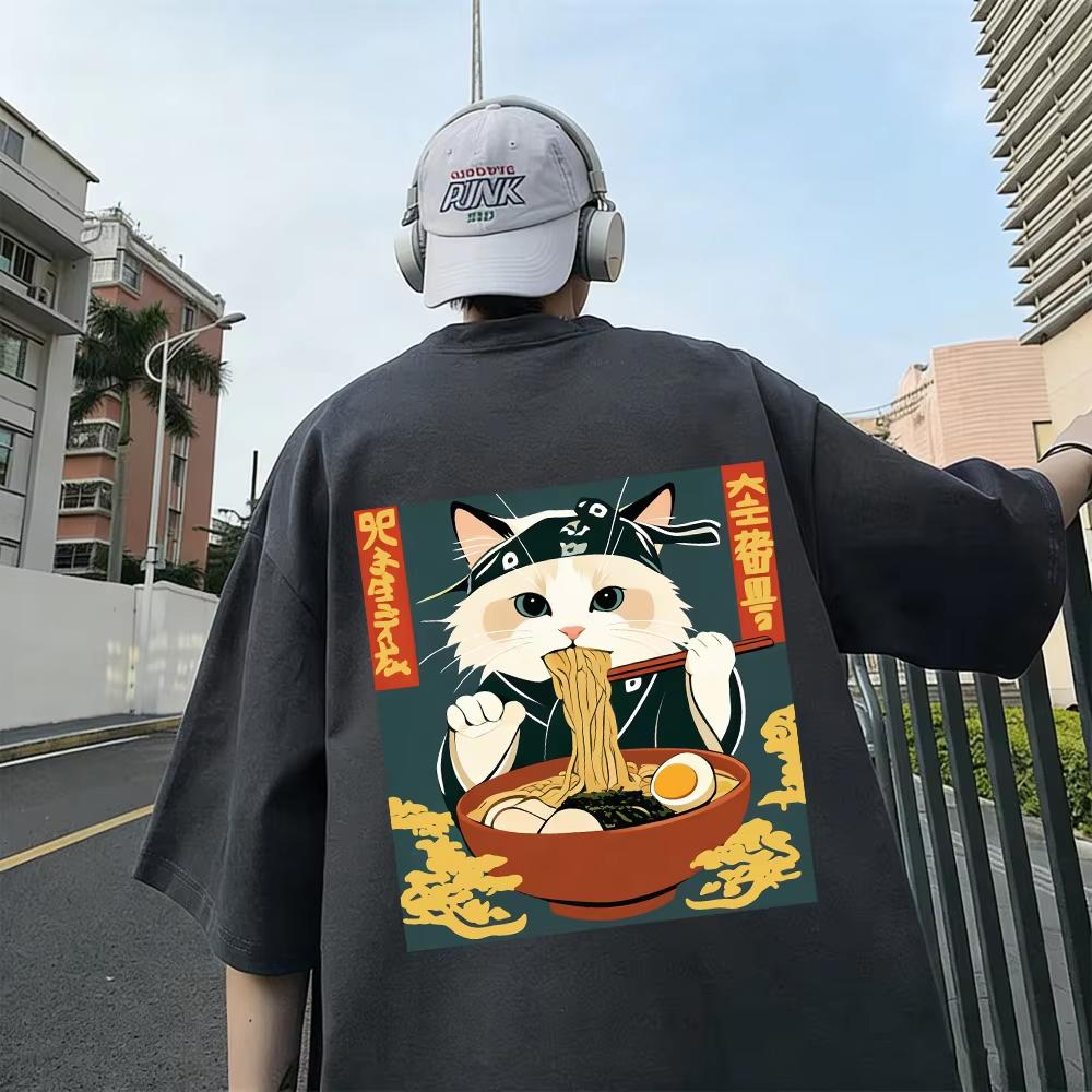 Cats Like Lamian Noodles Prints Unisex Tshirt Cotton Summer Soft Tops Oneck Short Sleeve T Shirt Unisex Casual Male Clothes