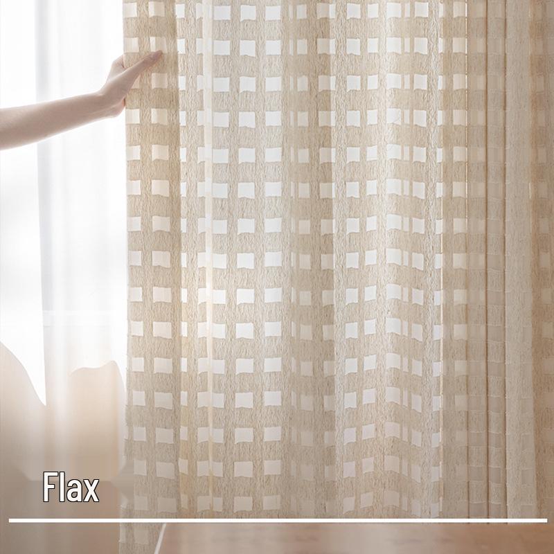 Vintage Plaid Sheer Linen Curtains for Living Room & Bedroom - Light-Permeable, High-End Feel, New Style for Balcony Windows