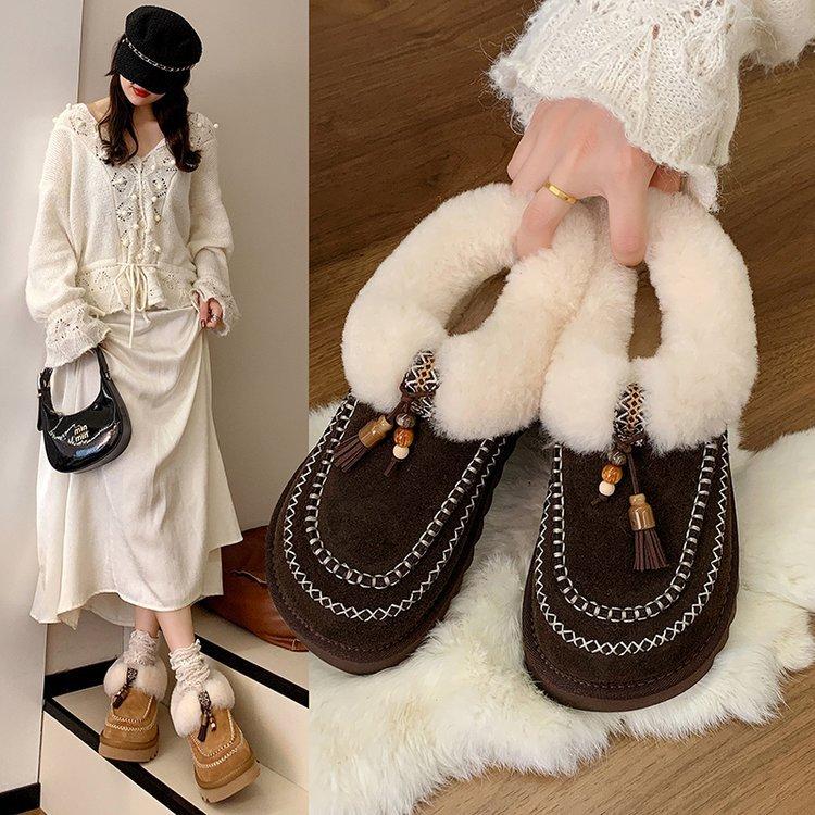 [Rindslederversion] Neue Version~ Handgenähte Dicksohlige Baotou Woll-Loafer Hausschuhe Damen Schneestiefel