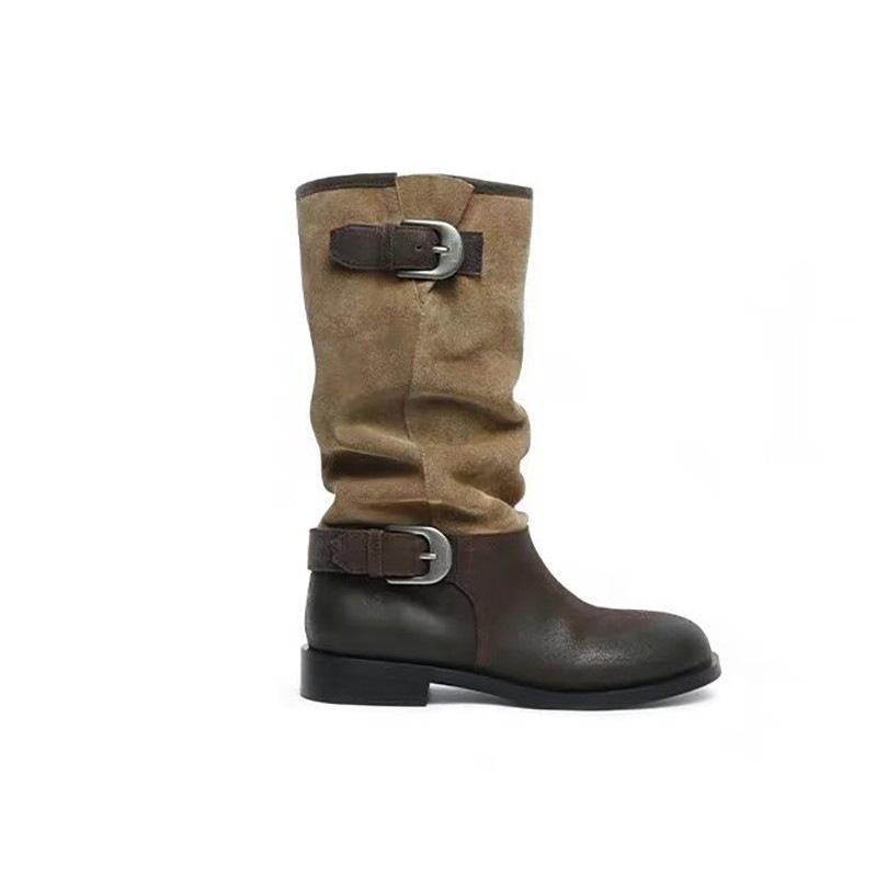 Color Matching Pleated Stacking Boots Women's Autumn and Winter New Long Tube Maillard High Boots Big Tube Circumference Western Cowboy Knight Boots