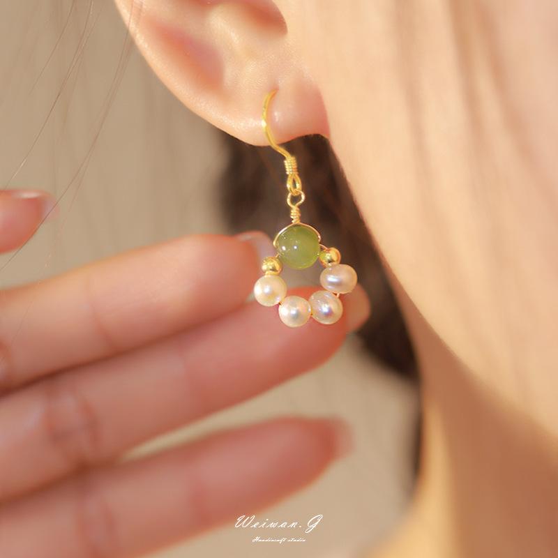 Qingshan Muxue Hotan Jade Earrings for Women with Natural Pearls14K Gold-plated ear hook earrings gift Green Mountains in the Ev