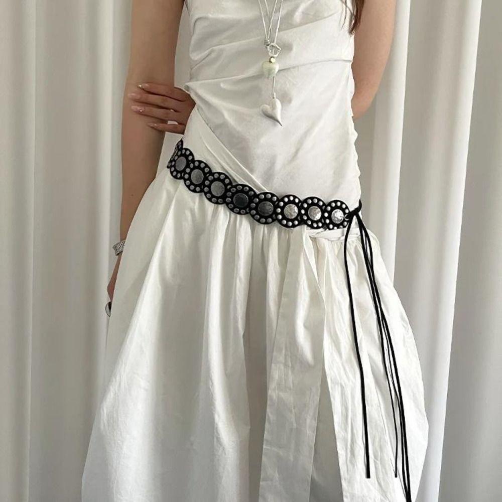 Round Leather Waist Belt Black Coffee Dress Jeans Belt American Women's Rivet Belt Spicy Girls