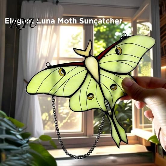 Green Insect Window Hanging Stained Glass Style Hanging, Acrylic Moth Suncatcher, Decorative Pendant with Transparent Art Metal Chain, Ornament