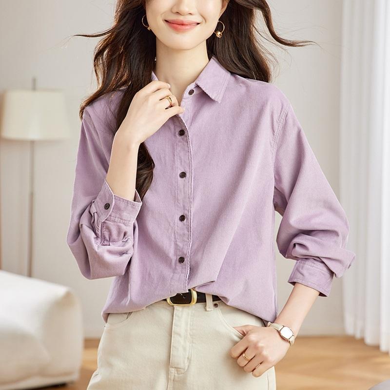 Purple Corduroy Shirt Long-sleeved Spring Simple Commuter Blouse Korean Women's Shirt