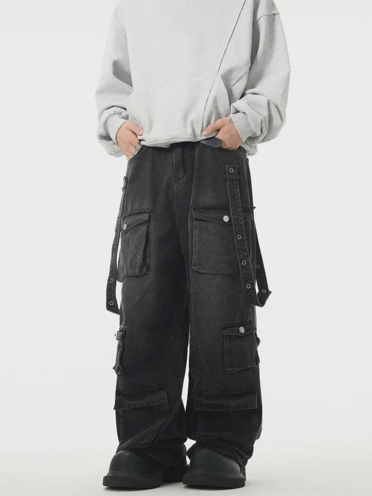 2024 Unisex American Retro Yellow Multi-Pocket Workwear Jeans - Loose Straight Hip-Hop Style
