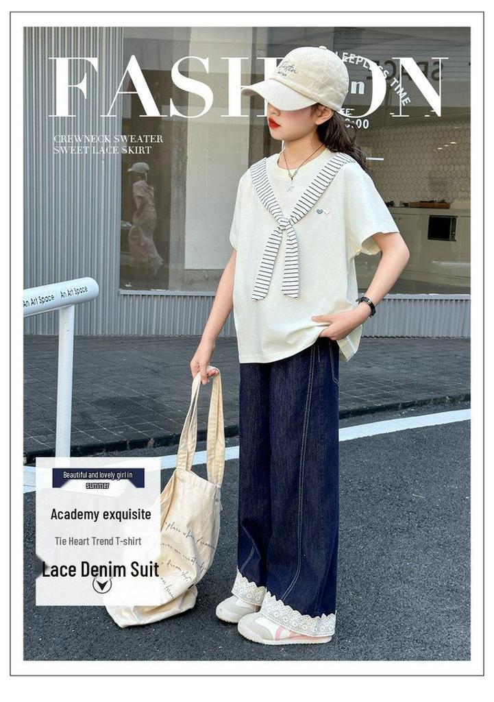 Girls' Casual Summer Two-Piece Set: Korean Style Cotton Top & Denim Pants for Kids (2026).