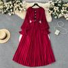 Summer new waist slim lapel pleated dress socialite temperament ruffle edge long sleeves big swing long dress tide