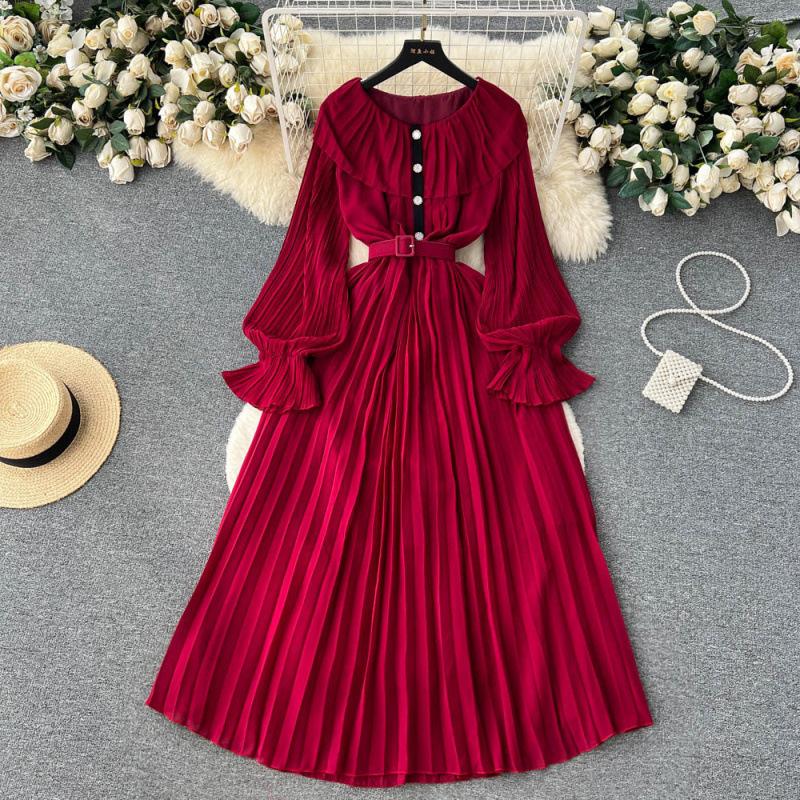 Summer new waist slim lapel pleated dress socialite temperament ruffle edge long sleeves big swing long dress tide