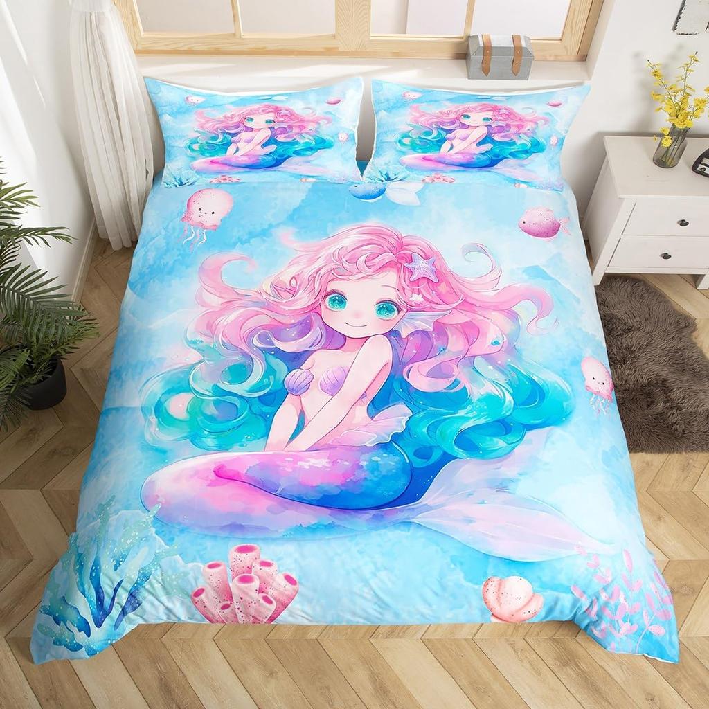 Cute Mermaid Tail Duvet Cover Set Queen King Size Fairy Tale Themed Princess Bedding 3 Pcs For Girls Bedroom Decor Super Soft