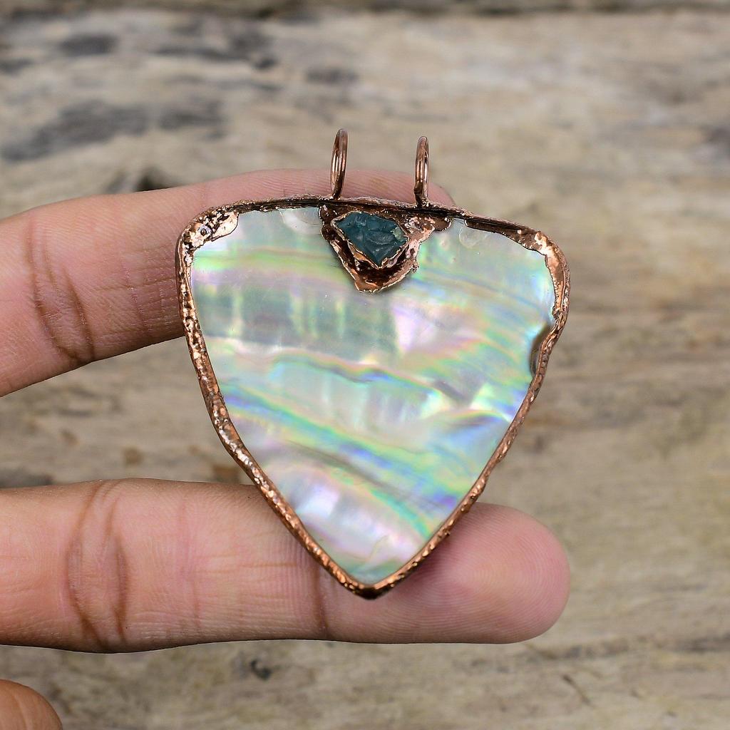 Abalone Shell Rough Pendant Electroformed Copper Gemstone Pendant Handmade Jewelry Aquamarine Rough Pendant Electroformed Jewelry For Gifts