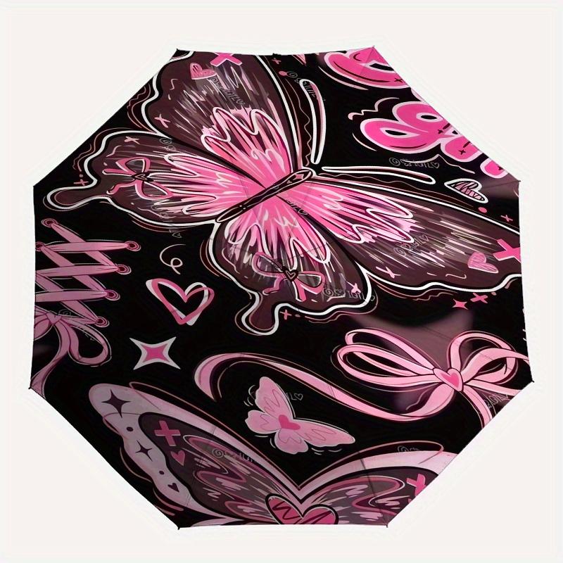 Butterfly, pink, Y2K Automatic folding umbrella simple eight rib design, bright color pattern, durable iron frame, ideal for travel and out