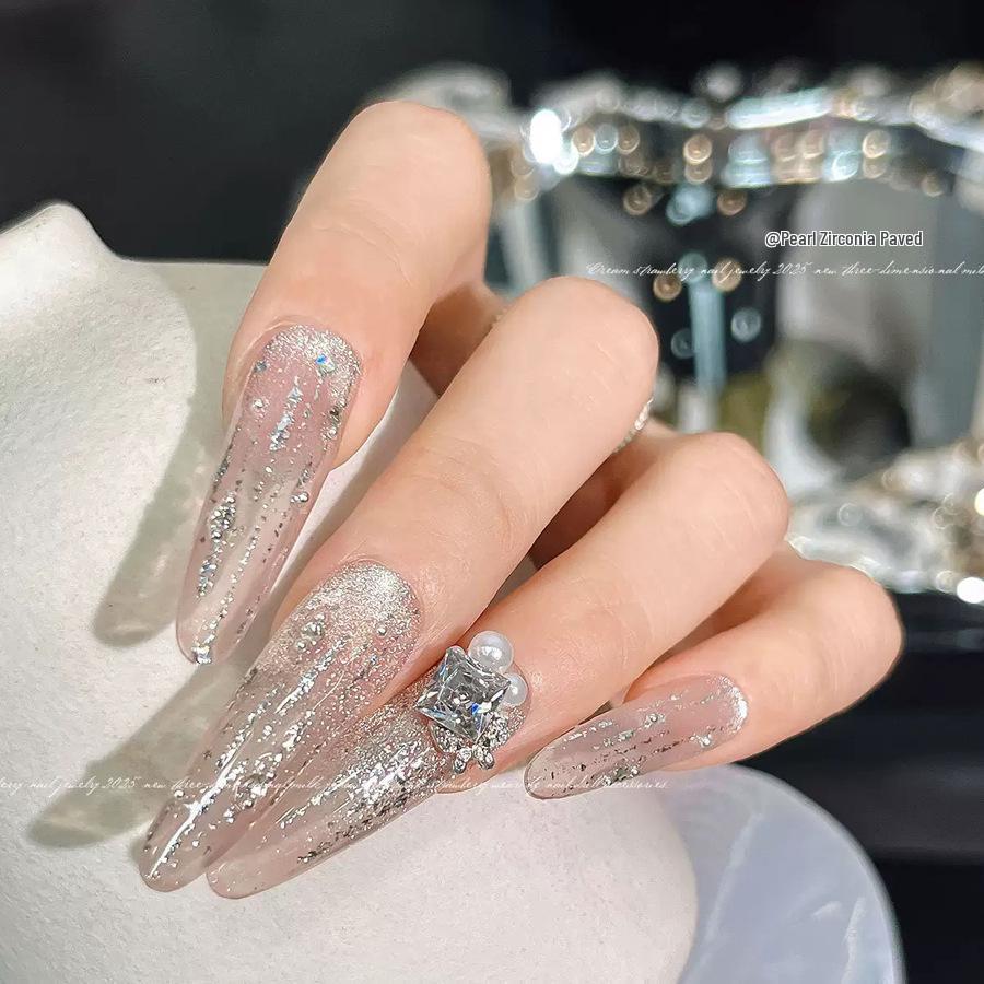Elegant Nail Art: Pearl & Butterfly Inlaid Pigeon Egg with Zirconia and Rhinestones