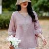 Light Yellow V Neck Embroidered Three Quarter Sleeve Linen Blend Blouse for Women